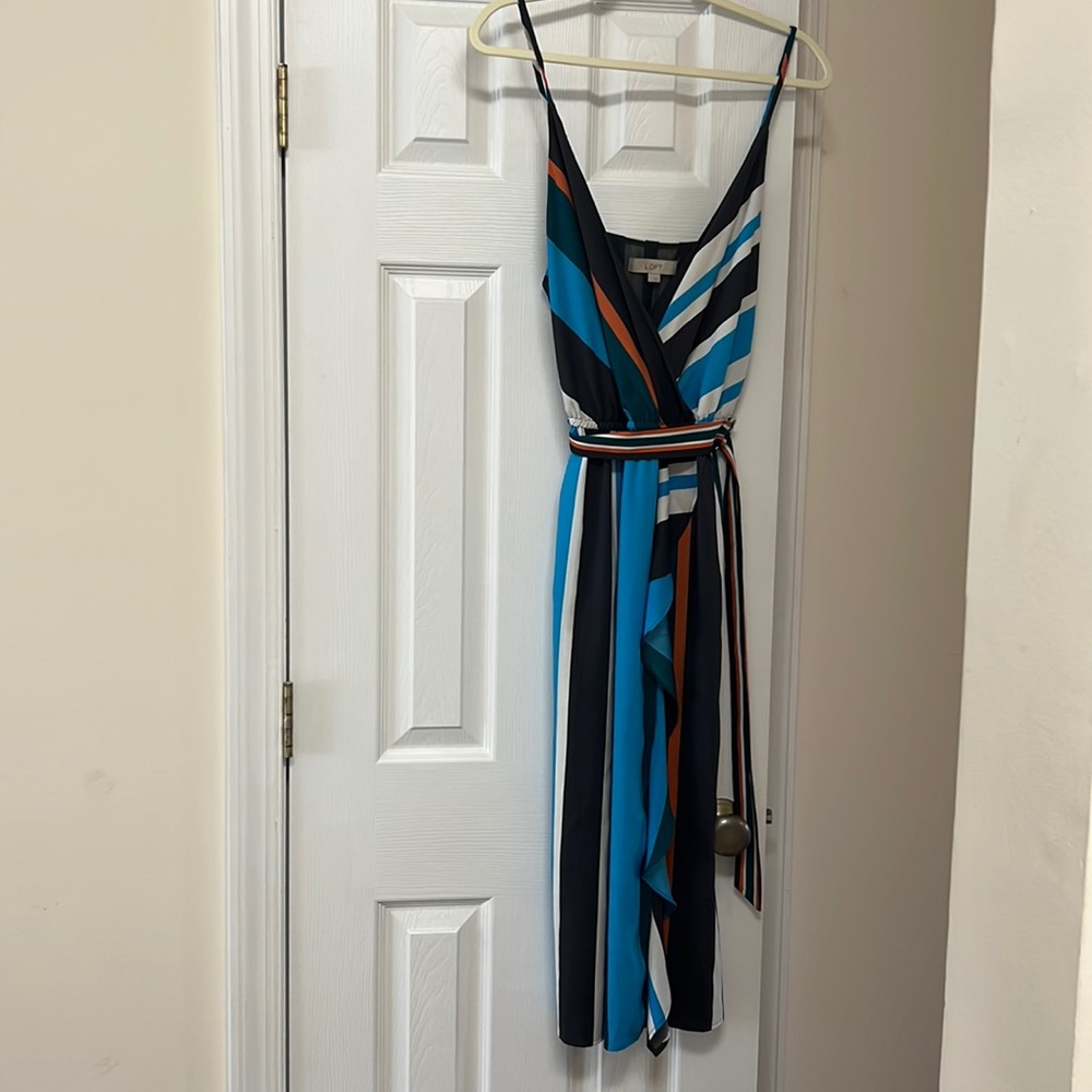 LOFT dress blue green orange cream dress soft vertical ruffle at tie S $15